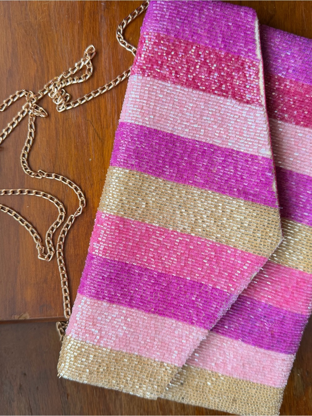 Pink Gold Beaded Stripe Envelope Clutch Crossbody Bag Chain Strap
